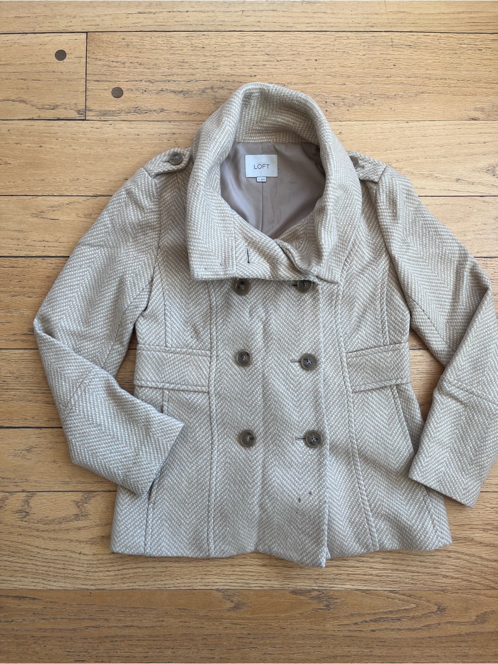 LOFT Cream Herringbone Double-Breasted Peacoat